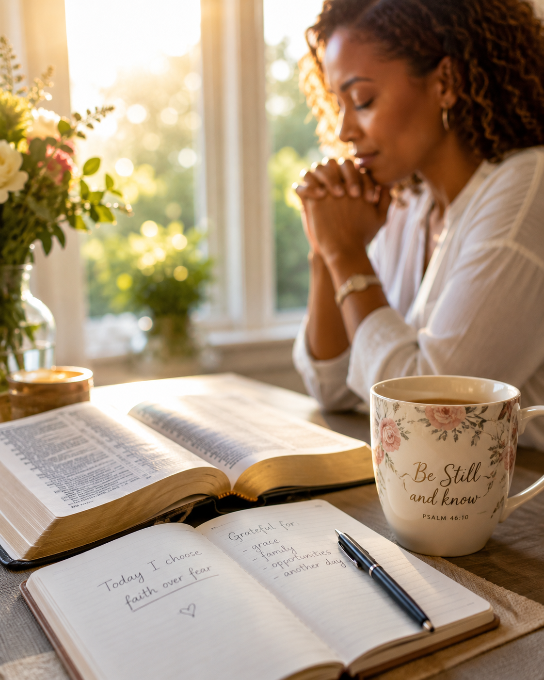 A woman praying quietly beside an open Bible and gratitude journal in morning light