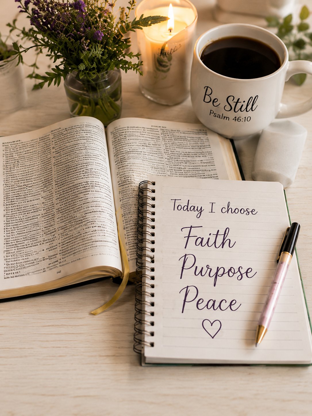 An open Bible beside a journal reading Today I choose Faith, Purpose, Peace, with a candle and coffee mug nearby