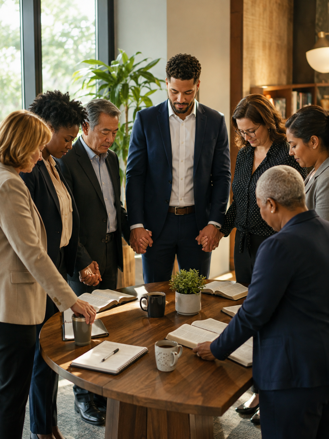 A group of professionals standing around a table, heads bowed in prayer